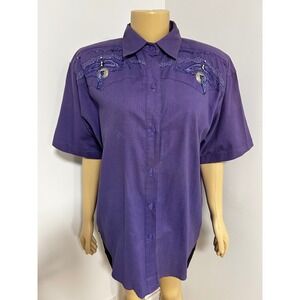 Short Circuit Vintage Purple Western Beaded Concho Cotton Shirt Womens Large
